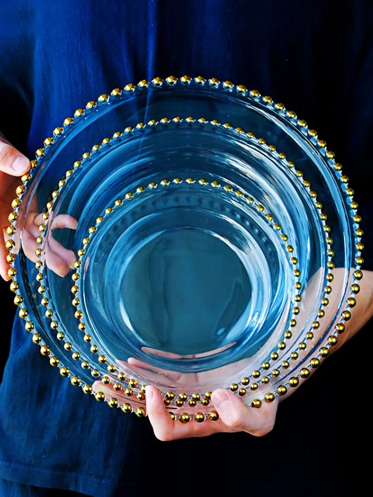 

European Style Glass Plates Dinner Dish Gold Bead Salad Fruit Bowl Dessert Wedding Family Dinner Plate Decorative Tableware Set