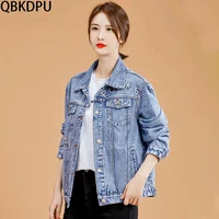 women new embroidered letter denim blue jacket 2022 leisure versatile short female outwear tops denim motorcycle jacket