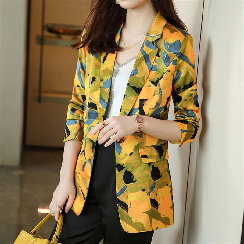 

Yellow Printed Suit Jackets Female Spring Autumn 2022 New Coat Lady Korean All-Match Outwear Fashion Blazer Women's Overcoat Top