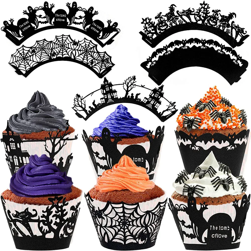 12pcs Halloween Cupcake Topper Wrappers Black Bat Spider Web Castle Ghost Pumpkin Cake Decor Halloween Party Decoration Supplies