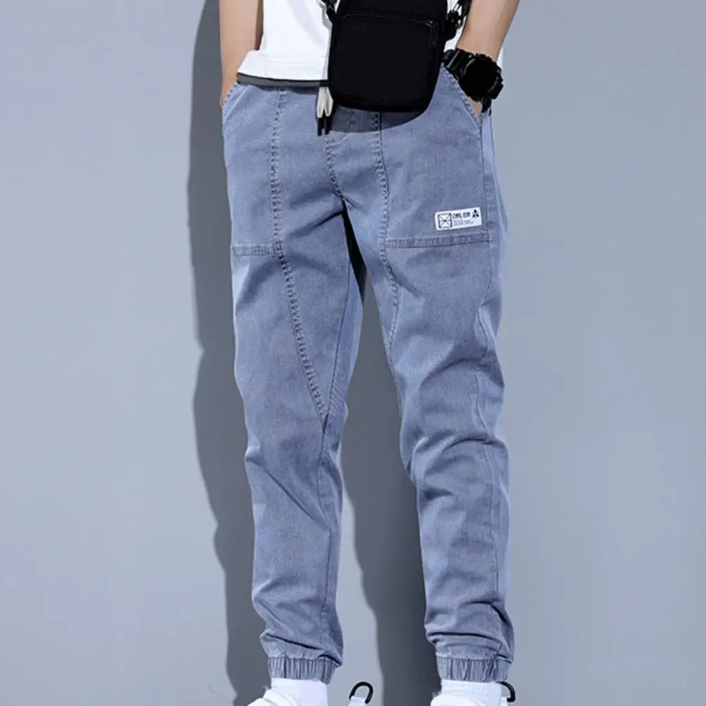 

Men Jeans Solid Color Elastic Waist Drawstring Ankle Banded Spring Pants for Daily Wear