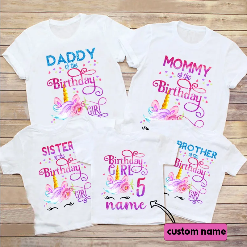 

Family Birthday Shirt Unicorn Personalized T Shirts Custom Name T-Shirt for Boys Children Kids Clothes Daddy Mommy Party Outfits