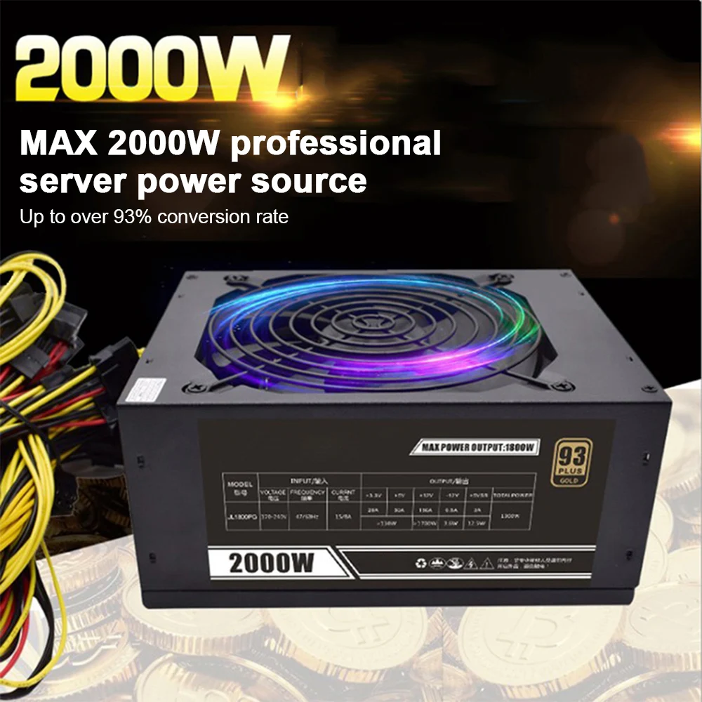 

Max 2000W ETH Mining Machine Power Supply 93% Efficiency 8 GPU ATX160-240V 1800W Rated Mining Power Supply for Bitcoin