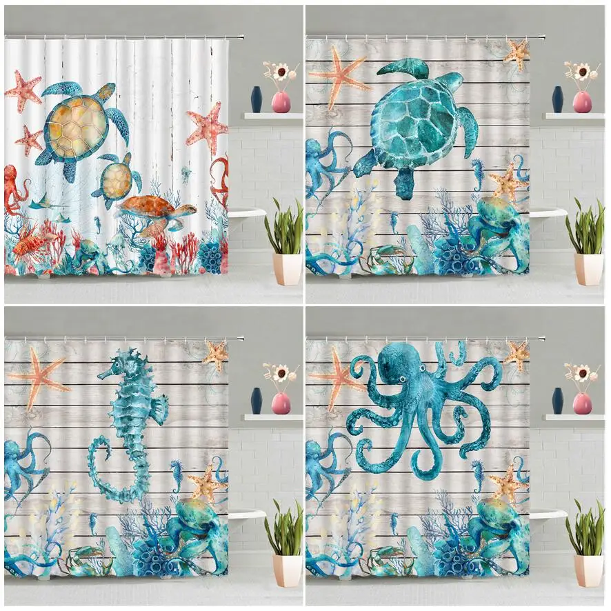 Octopus Sea Turtle Shower Curtains Watercolor Ocean Animals Starfish Seahorse Coral Retro Wood Board Print Modern Bathroom Decor