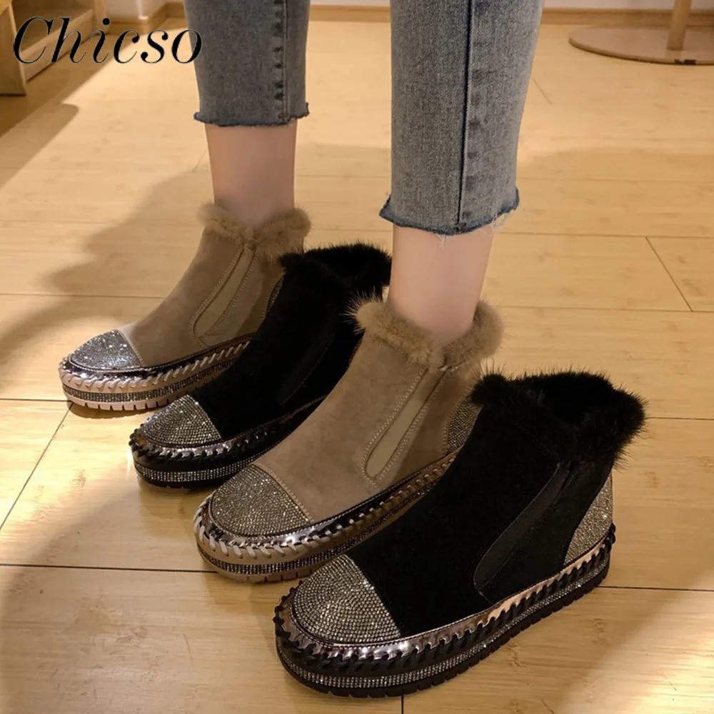 

Snow Boots Women 2022 Winter Keep Warm Slip On Cotton Shoes 35-43 Large-Sized Rhinestone Home Outdoor Plush Ankle Boots Female