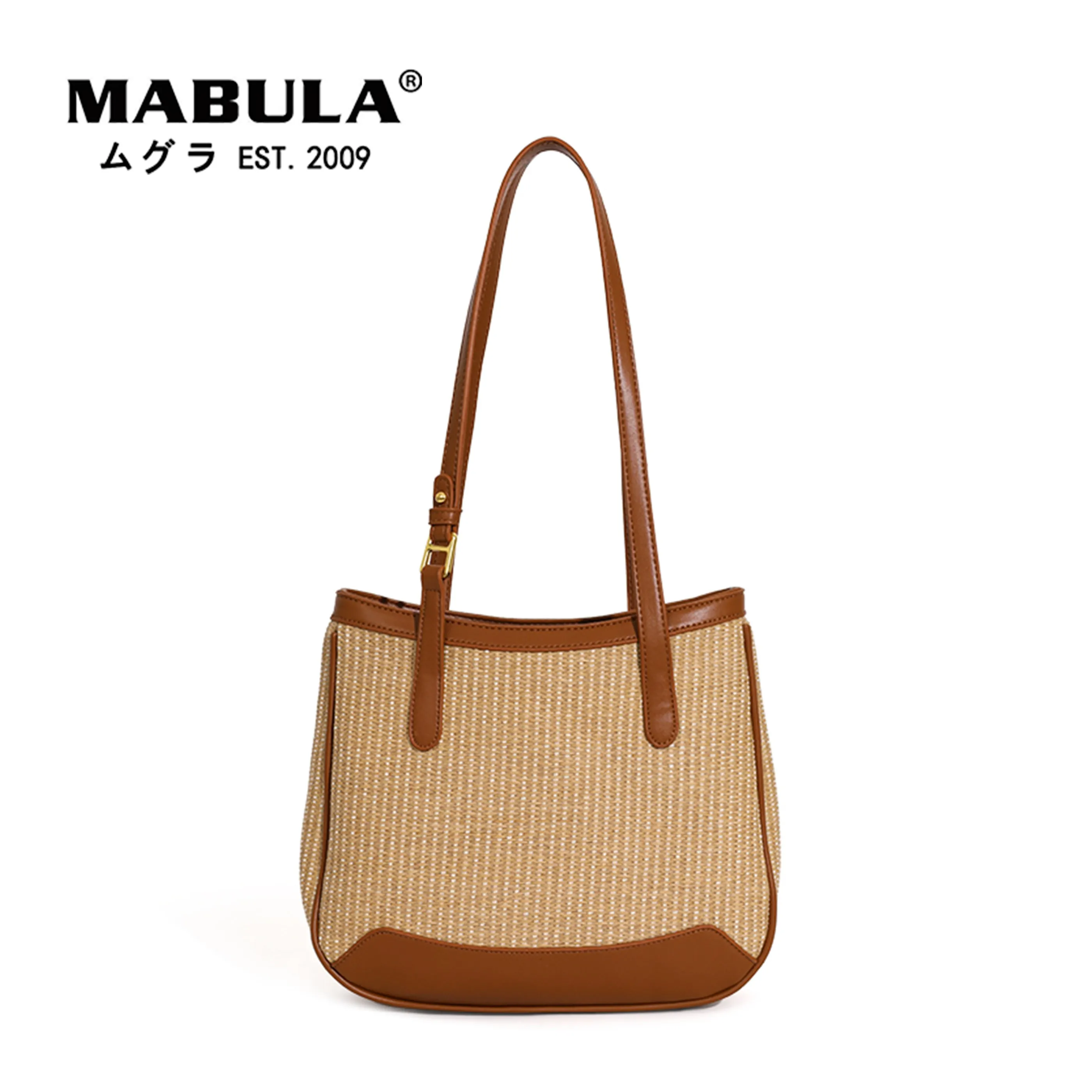 

MABULA Vintage Straw Woven Women Beach Shoulder Bag 2022 Summer Leather Top Handle Shopper Purse Large ECO Travel Tote Handbag