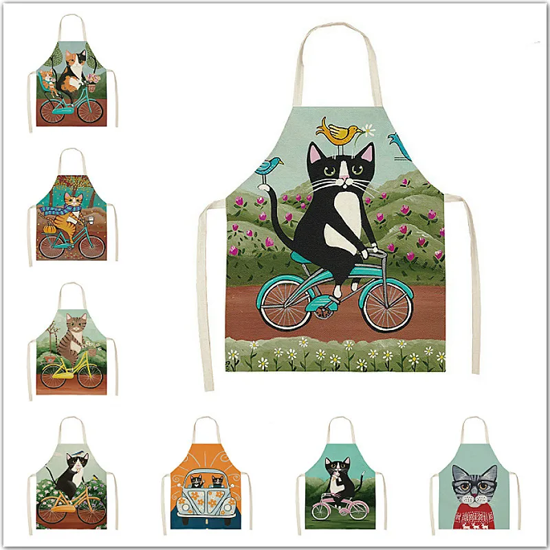 

1Pcs Kitchen Apron Cartoon Cat Printed Sleeveless Cotton Linen Aprons Home Cleaning Clothes 2 Size 68x55cm/47x38cm Delantal