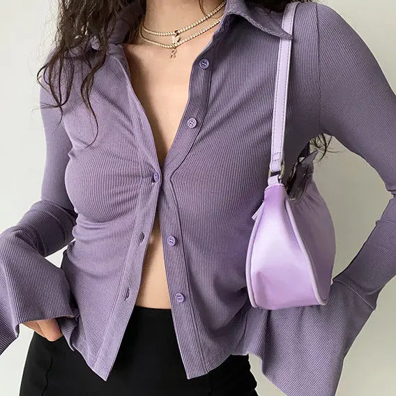 

Homemade Five-Color All-Match Polo Lapel Bell Sleeve Shirt Women's American-Style Slim Fit Slimming Stretch Long Sleeve Top