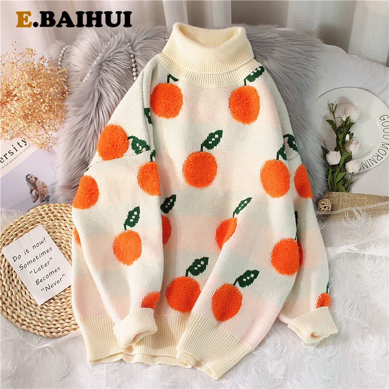 

EBAIHUI 2020 Autumn Winter Sweaters Pullover Cherry Pattern Long Sleeve Sweater Women Turtleneck Knitted Jumpers Sweater Mujer