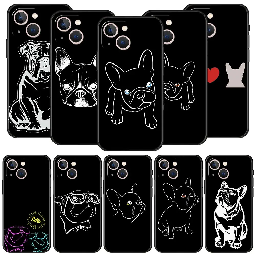 

French Bulldog For iPhone 11 12 13 14 Pro Max Mini Phone Case X XR XS 7 8 Plus SE 2020 Luxury Black Soft Silicone Cover Funda