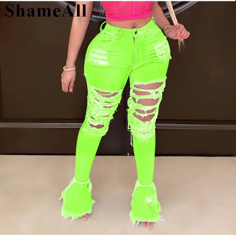 

Women Street Low Rise Ripped Holes Flare Jeans Stretchy Skinny Patchwork Bell Bottoms Wide Leg Denim Trouser Diestressed Pant