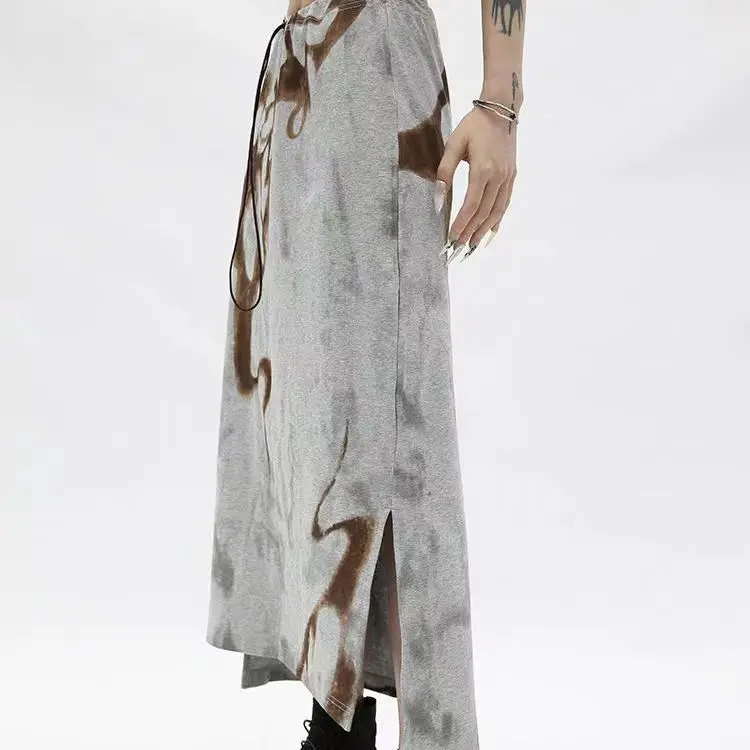 

Grunge Print Irregular Skirt Japanese Vintage Midi Skirt Harajuku E-girl Slit Design Bandage Long Skirt Gothic Gray Chic Y2k