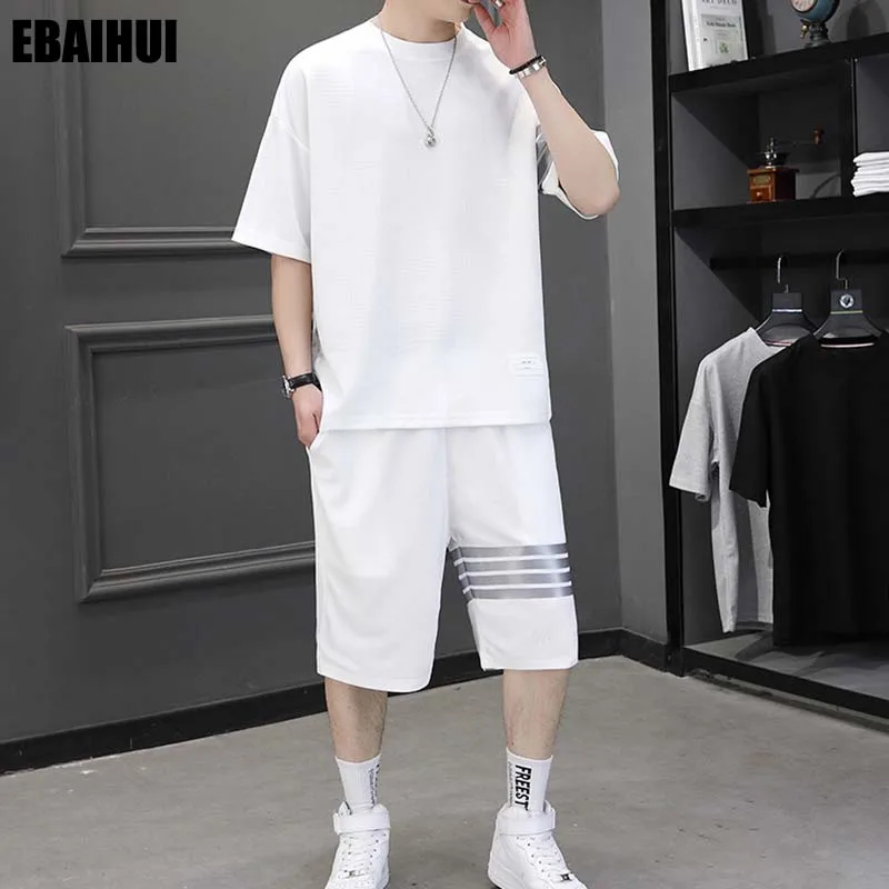 

EBAIHUI Summer Suits Men Clothing Mens Designer Clothes Korea Shorts Tracksuit 2 Piece Outfit Sweatpants Tops Pants Waffle Set