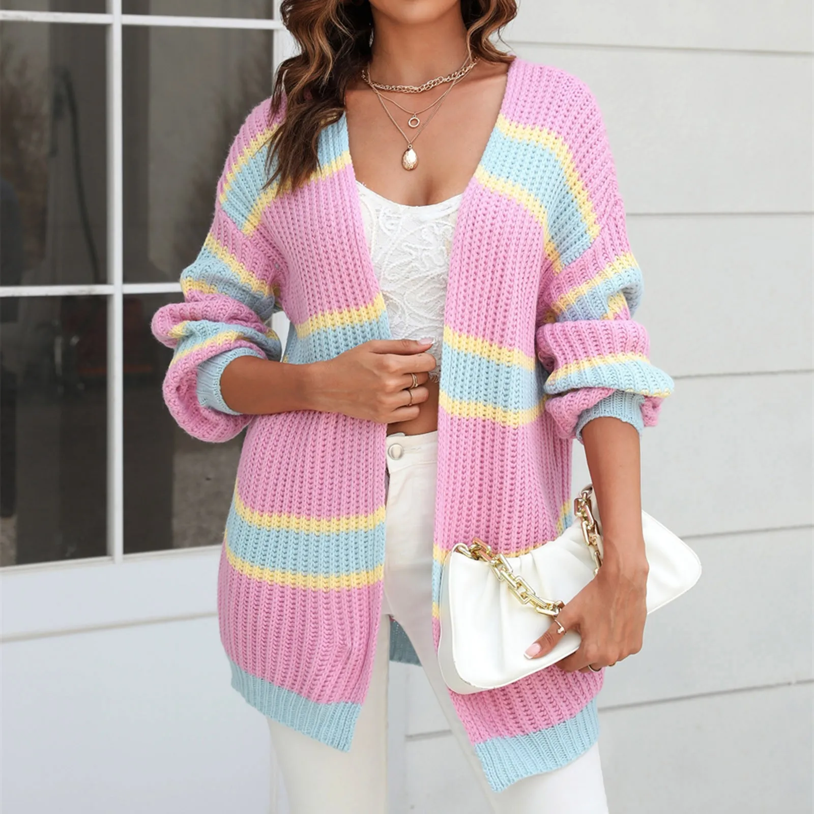 

Women No Buckle Cardigan Sweaters Color Block Long Sleeves Crochet Sweater Coats Ladies Winter Comfortable Warm Loose Sweaters