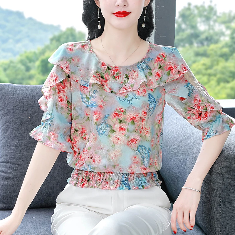 Летняя повседневная женская блузка 2024 модная шифоновая рубашка с круглым