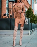 fashion new autumn pu style suit collar mid waist zipper style pencil dress with belt vestido midi elegante dresses for women
