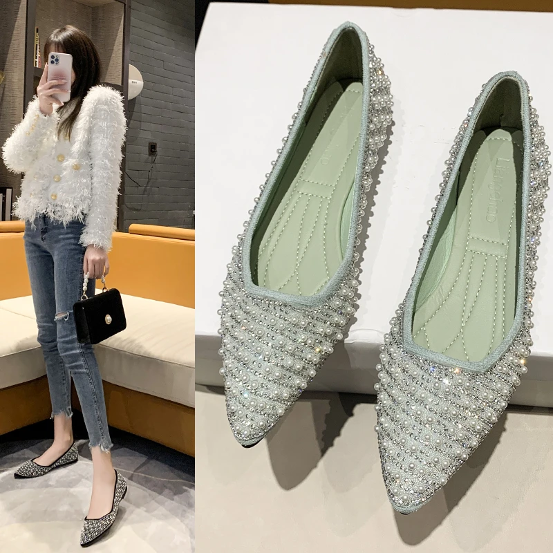 

2022 Rhinestone Pointed Shoes Women's Flat Ballet Mixed Color Soft Pregnant Zapatos De Moccasin Chaussure Femme Zapatillas Mujer