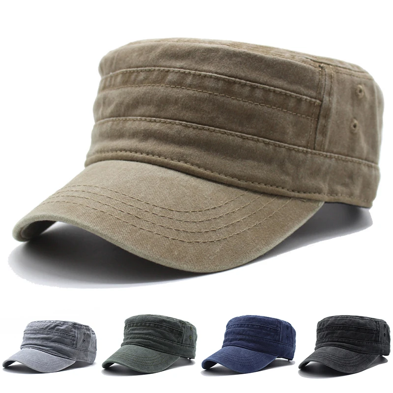

Casual Washed Cotton Flat Top Hat Adjustable Classic Military Caps Men Women Army Cap Unique Design Vintage Four Seasons