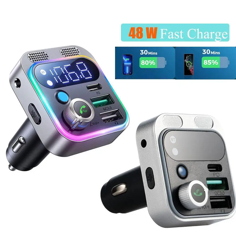 

2023 Bluetooth 5.3 FM Transmitter for Car, [Stronger Dual Mics Deep Bass Sound] , 48W PD&QC3.0 Car Charger Bluetooth Adapter