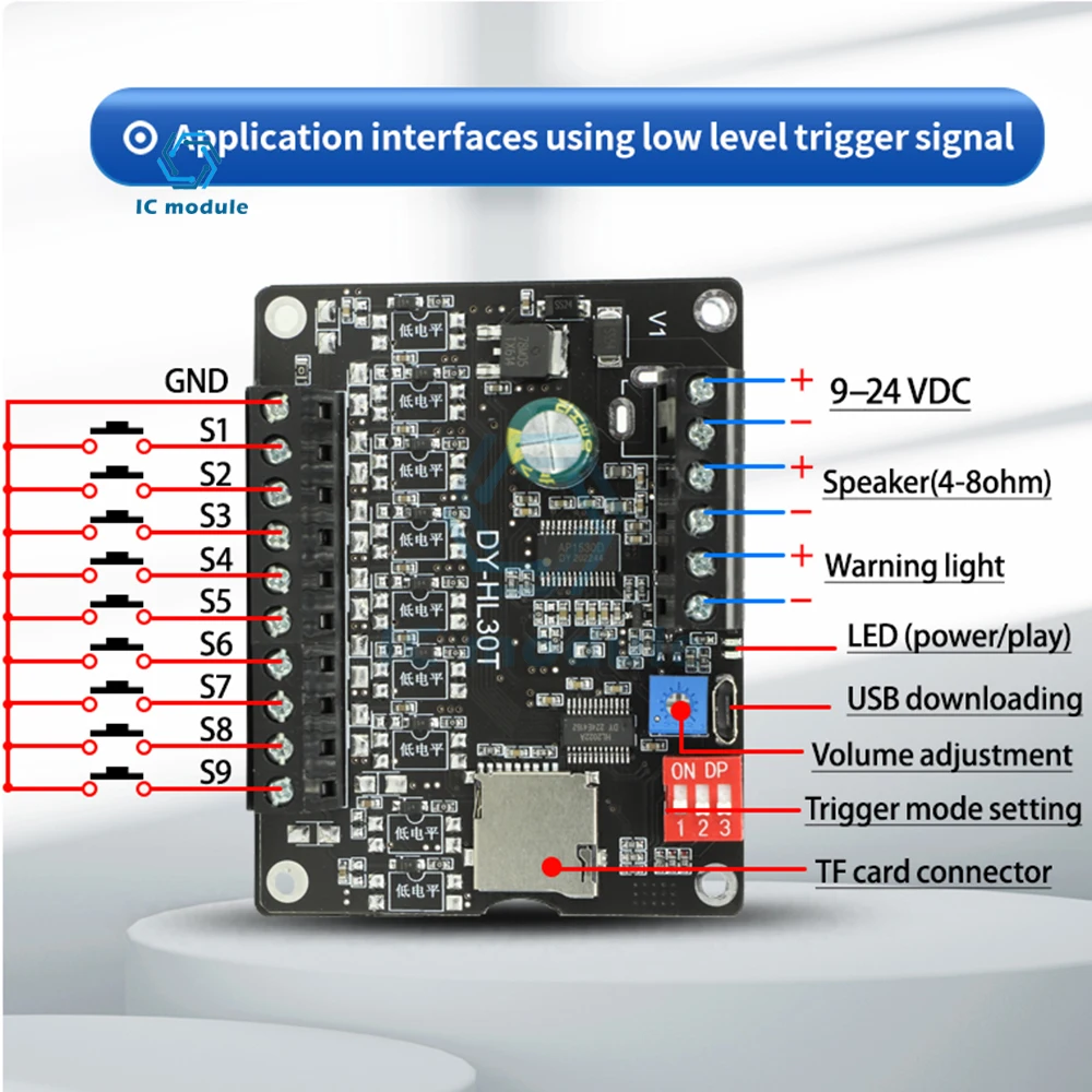 

MP3 Power Voice Broadcast Prompt Module Dc9-24V 30W High And Low Level Trigger One-To-One Mp3 Playback Support Tf Card U Disk