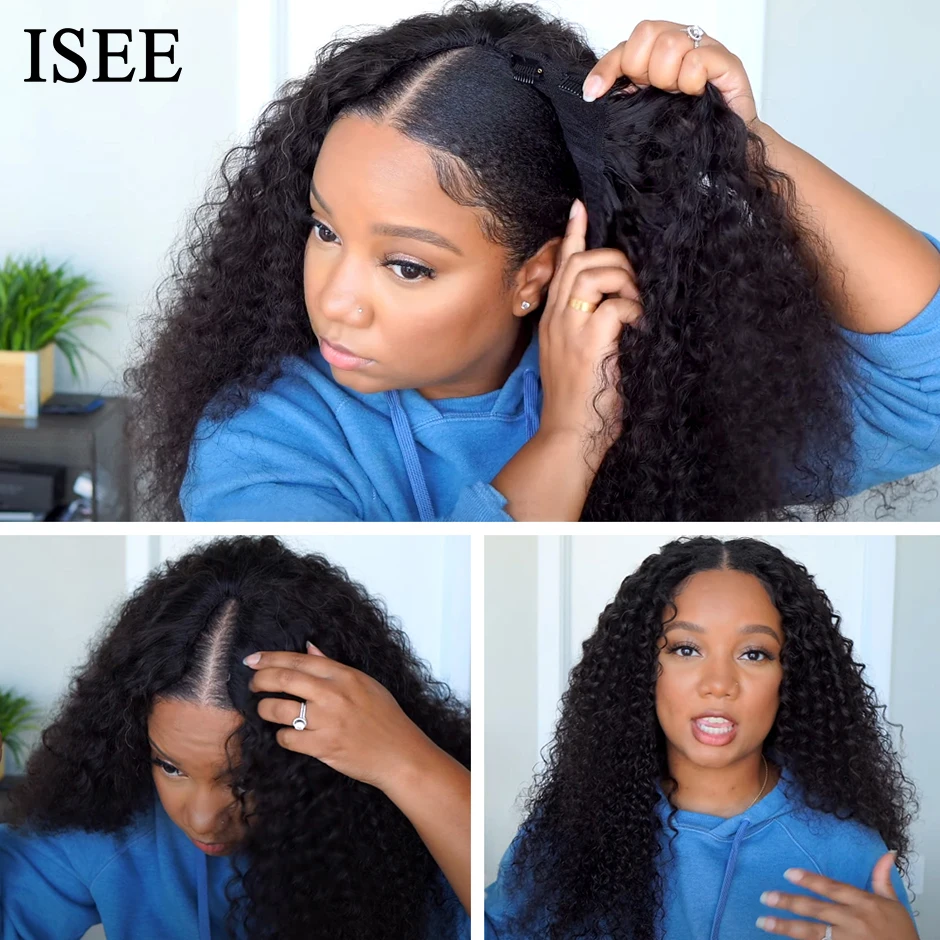 ISEE HAIR V Part Curly Wig 180% Kinky Curly Human Hair Wigs No Leave Out No Glue Thin Part Wig Middle Part V Part Human Hair Wig enlarge