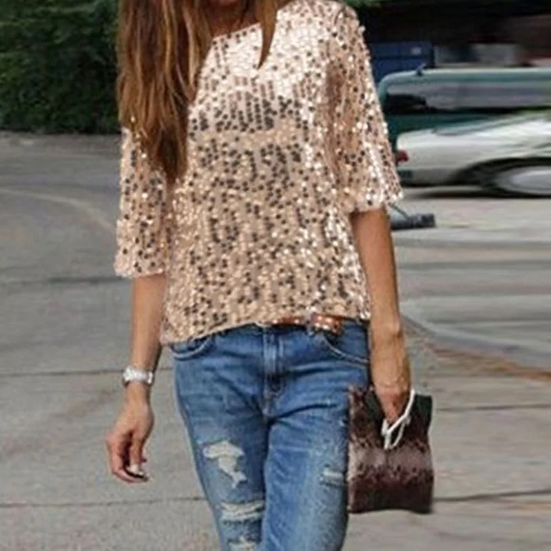 

Women's casual sequin round neck T-shirt