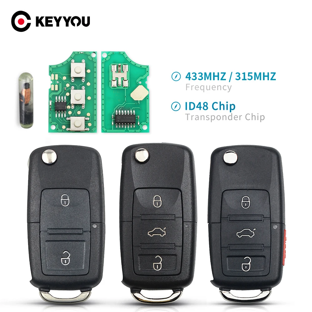 KEYYOU 2 Taste Auto Remote Key 434MHz 433MHz ID48 Chip Für VW Beetle Bora Golf Passat Polo Transporter t5 1J0959753AG