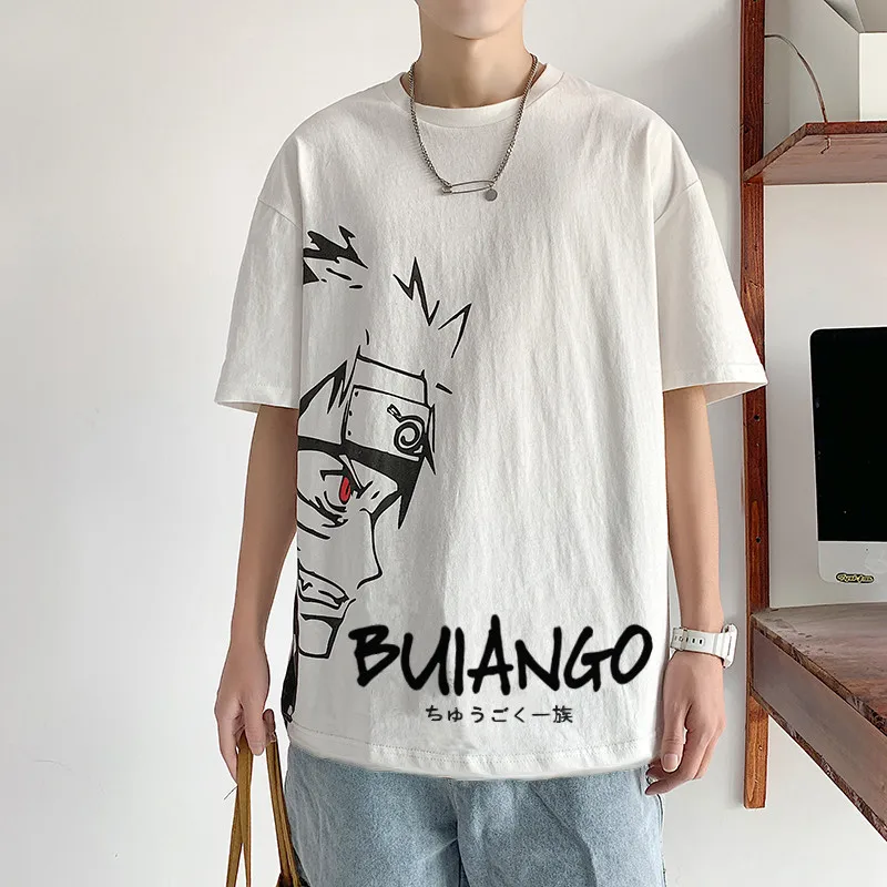 

Summer Men's Printed Japanese Anime Round Neck Short-Sleeved Tide Hong Kong Style Five-Point Sleeve Tide Brand Loose T-Shirt