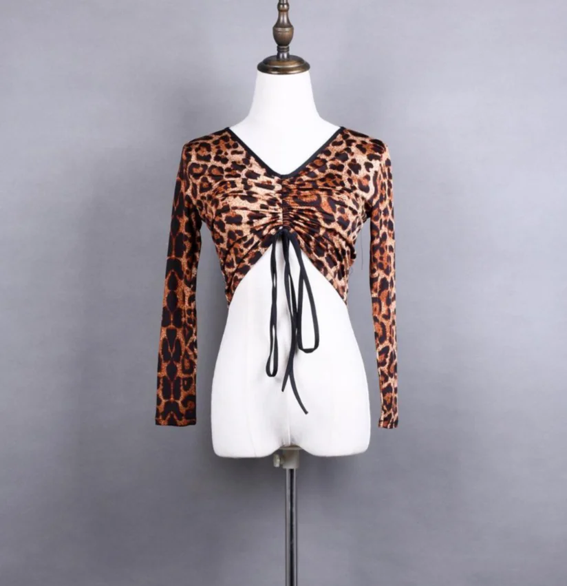 

1pcs/lot Women Latin Dance Tops Adult Ladies Leopard Practice Clothing Dancing Drawstring Adjustable Short Top