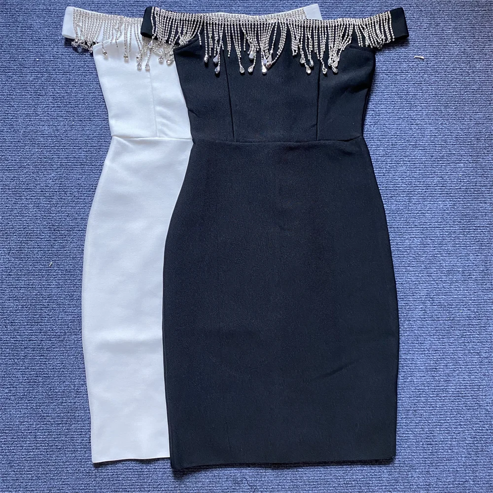 

New Summer Fashion Black White Women Off the SHoulder Sexy Bodycon Mini Dress Rayon Bandage Celebrate Evening Party Outfit