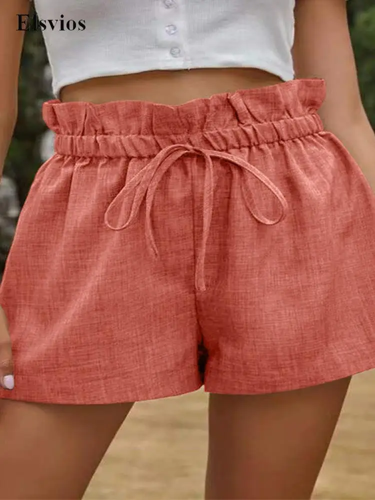 

Summer Beach Cotton Linen Shorts Solid Women Casual High Waist Short Pants Fashion Drawstring Lace-up Loose Short Trousers Femme