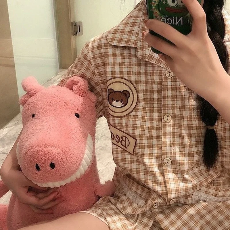 Japanese Pajamas for Women Summer College Style Pyjamas Cute Cartoon Bear Plaid Lapel Pijamas Plus Size 2 Piece Sets Home Suit