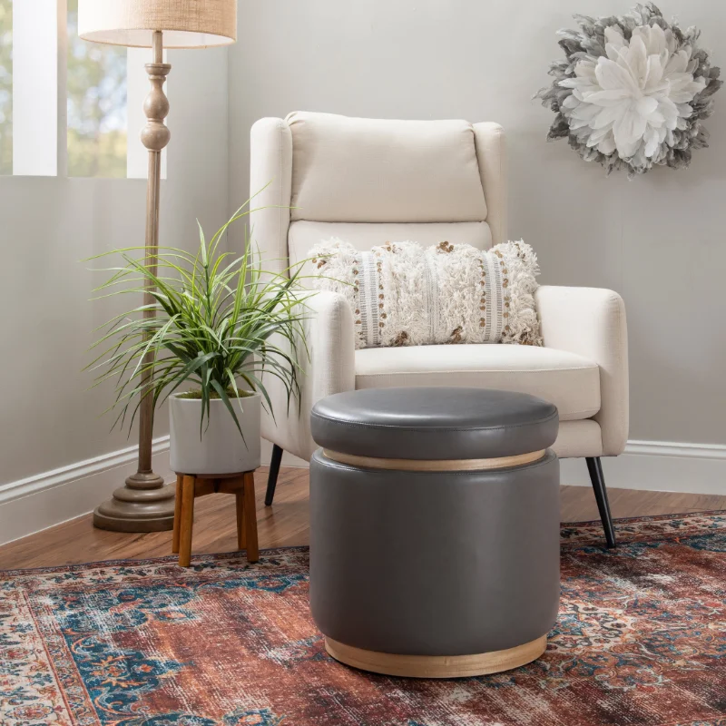 

Linon Primrose Storage Ottoman Stool, Natural Finish with Gray Faux Leather
