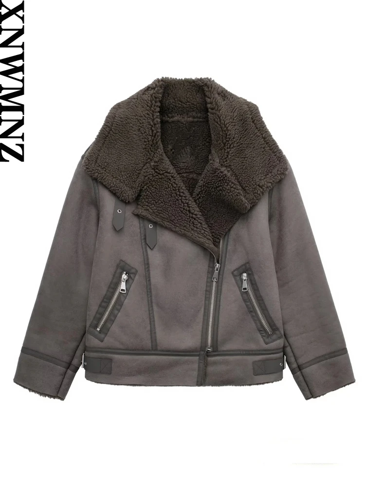 XNWMNZ 2023 Women Fashion Thick Warm Faux Fur Jacket Coat Casual Streetwear Leather Buckle Solid Loose Female Chic Outwear