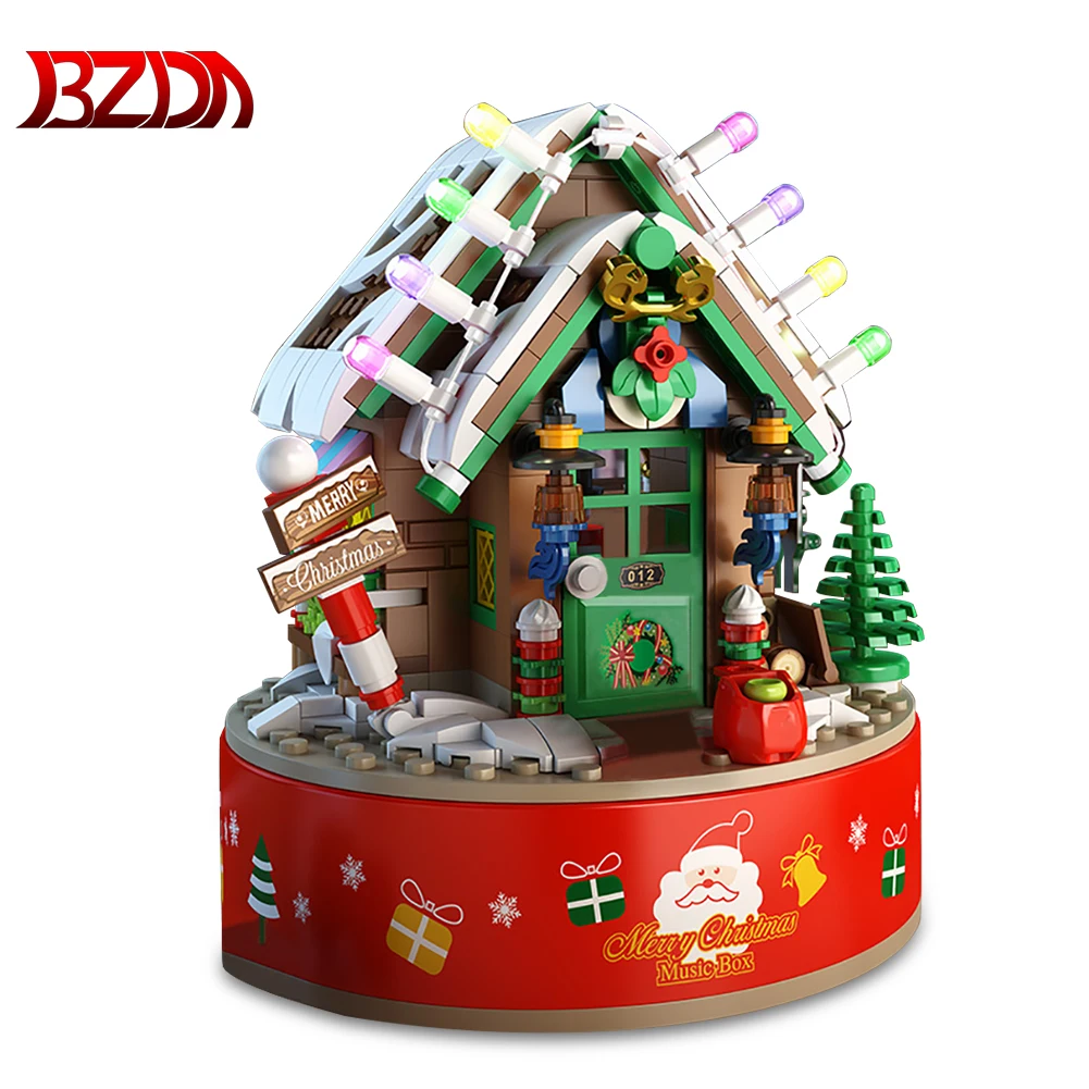 

BZDA City Christmas Tree Hut Rotating Music Box Mini Building Blocks Friends Snow House Brick Santa Claus Toys For Children Xmas