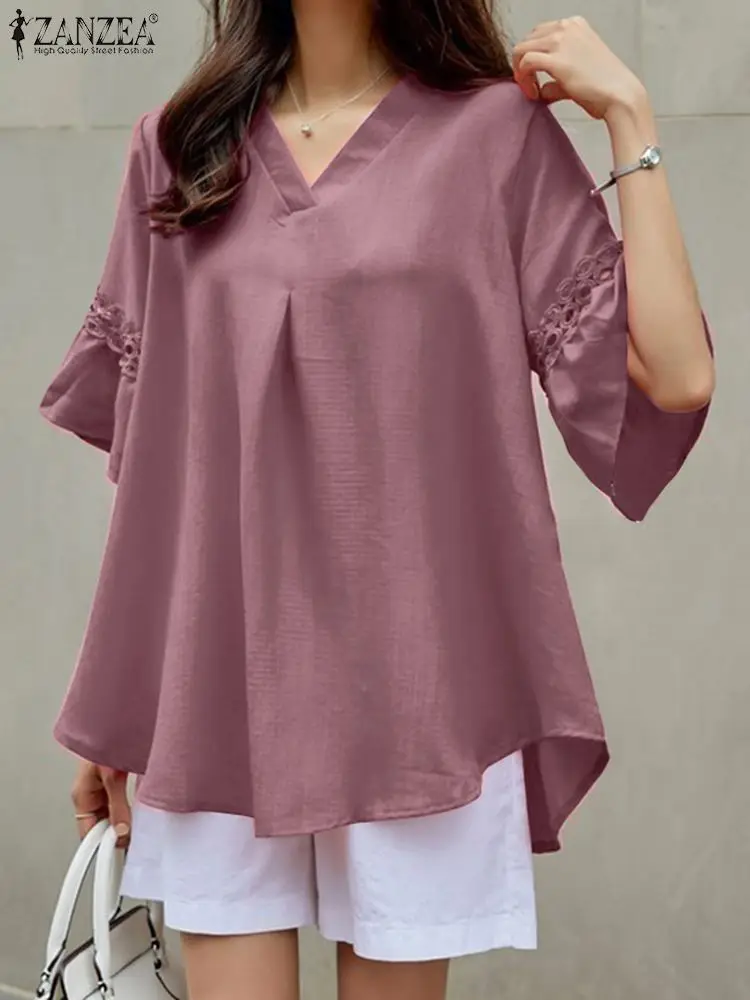 

Женские стильные элегантные топы ZANZEA, кружевная Лоскутная Блузка с V-образным вырезом и рукавом до локтя, топы на шнуровке, женские летние пр...