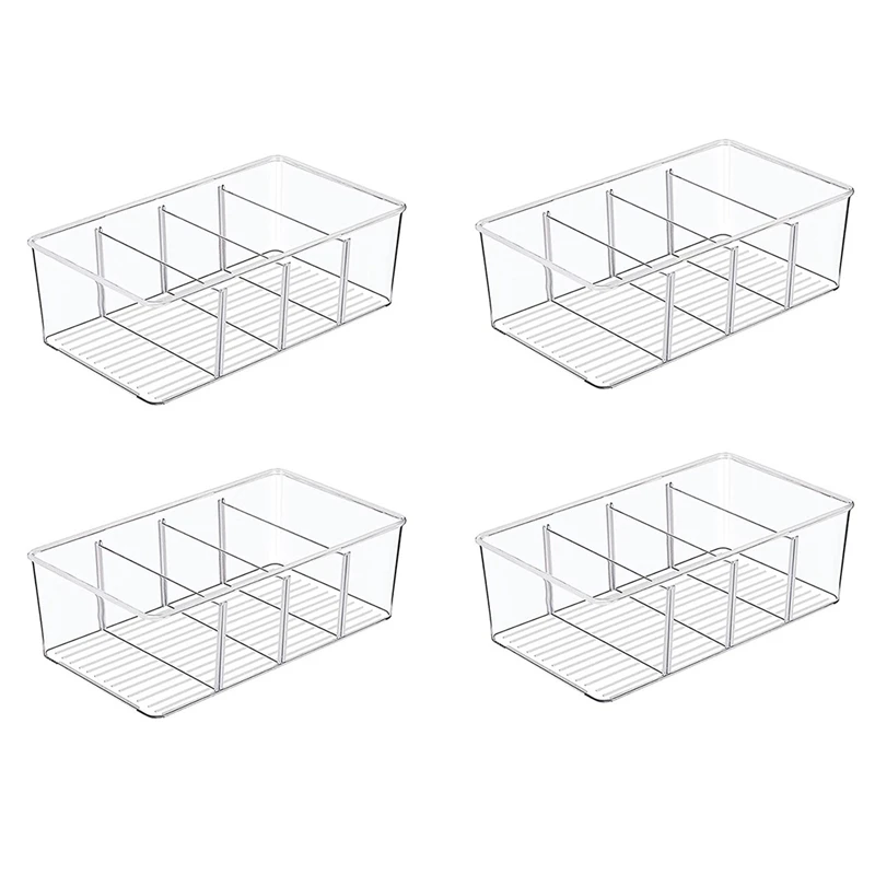 

4 Pack Food Storage Organizer Bins, Clear Plastic Storage Bins For Pantry, Kitchen, Fridge, Cabinet ,4 Compartment