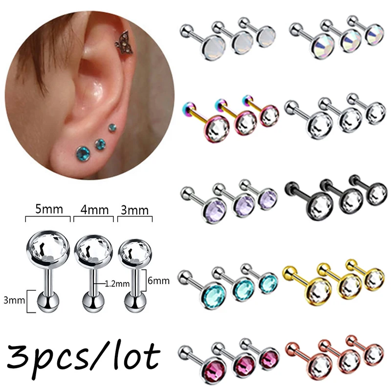 

3Pcs/Lot Stainless Steel Crystal Cartilage Barbell Earrings Zircon Ear Studs For Sexy Women/Men Ear Stud Body Piercing Jewelry