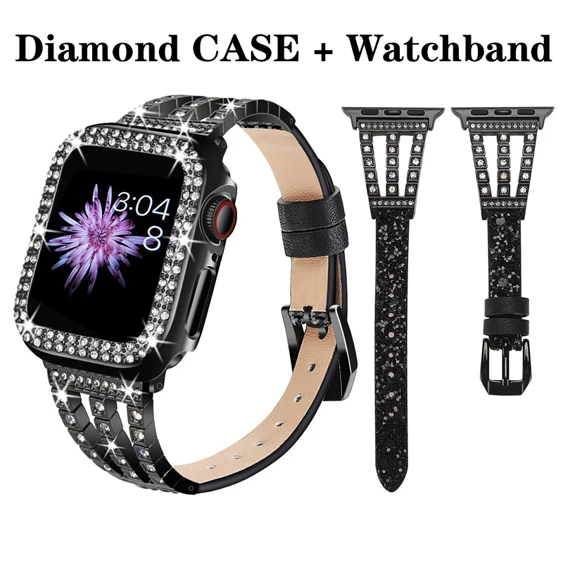 Diamond Strap for Apple watch band case 45mm 41mm 44mm 40mm 42mm 38mm correas iWatch 7 6 5 4 3 Stainless steel+leather bracelet