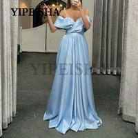 simple sweetheart a line evening dresses cap sleeve spaghetti strap sweep train long prom gown satin sky bule party dress