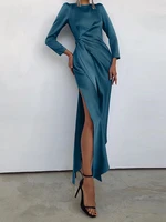 celmia women elegant satin party dress sexy slit hem bodycon long dresses 2022 fashion long sleeve solid knotted sashes vestidos