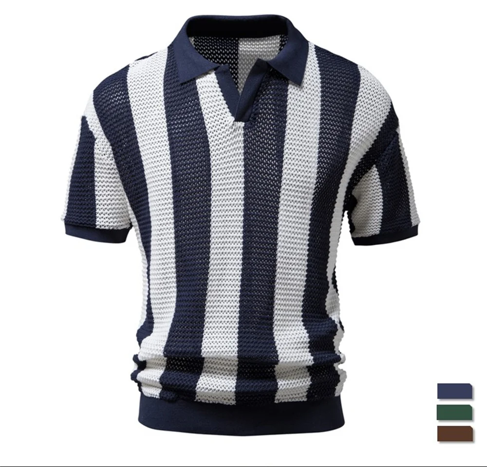 

Мужская Просвечивающая рубашка-поло, Трикотажная хлопковая рубашка-поло с V-образным вырезом и короткими рукавами, лето 100%