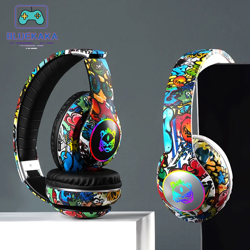 BLUEKAKAWireless Headset Flash Light Kids Ear Headphones with Mic Bluetooth Headsets Stereo Music Game Headphone Girls Boys Gift