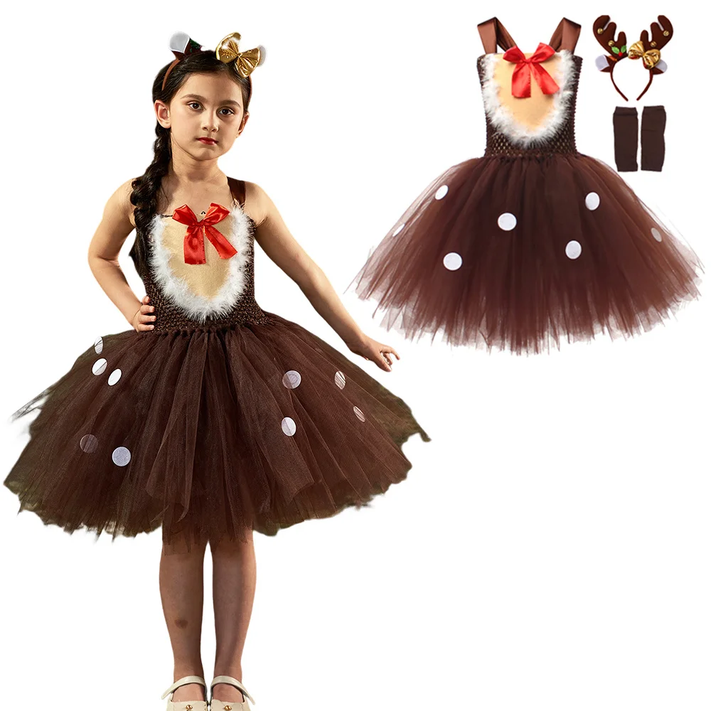 

Рождественский костюм для маленьких девочек, детские платья-пачки для косплея, детское Сетчатое платье с оленем, одежда с шляпой, карнавал, яркий подарок