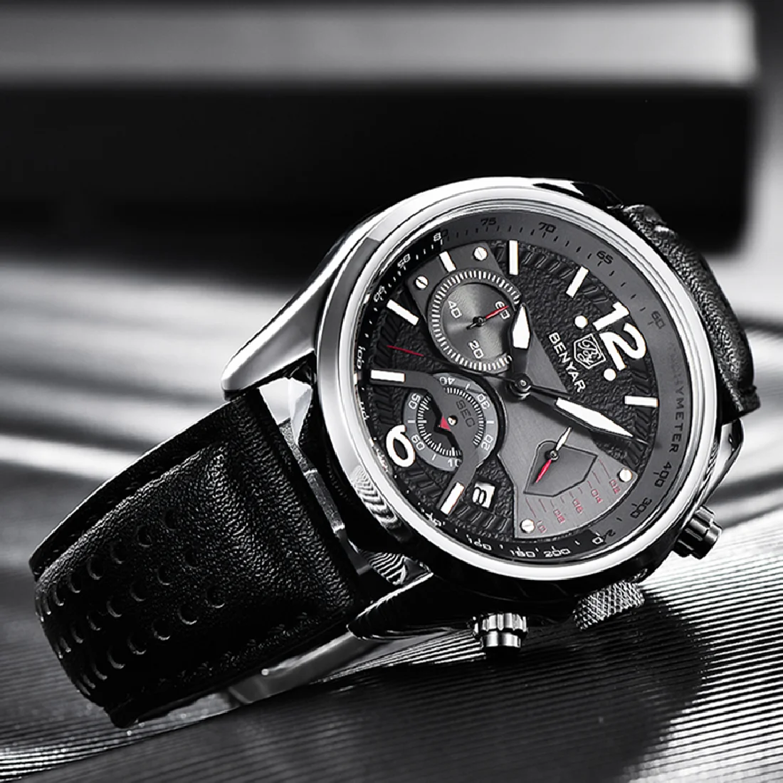 

Часы-хронограф Мужские кварцевые из нержавеющей стали с кожаным ремешком