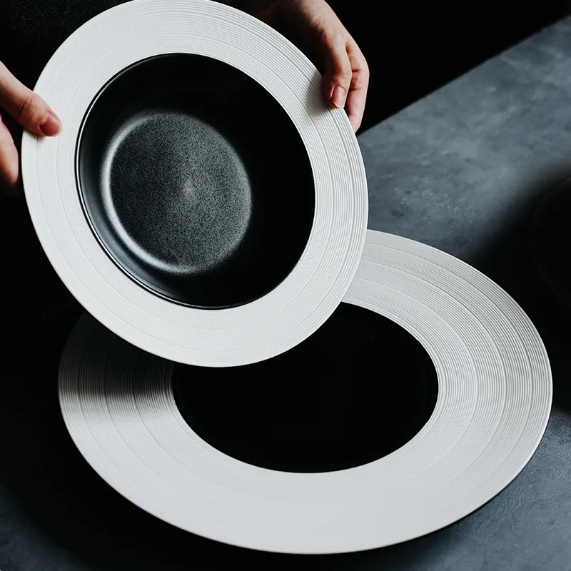 

Creative Black and White Ceramic Plates Northern Western Food Plate Hotel Tableware Home Dish Plate Steak Plate Dinner Plates