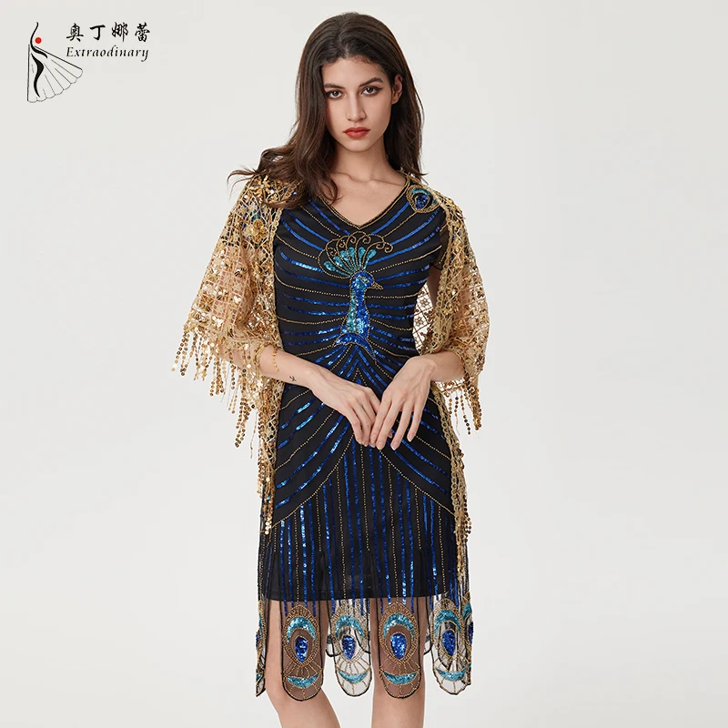 Женское вечернее платье в стиле ретро с синим павлином и короткими рукавами