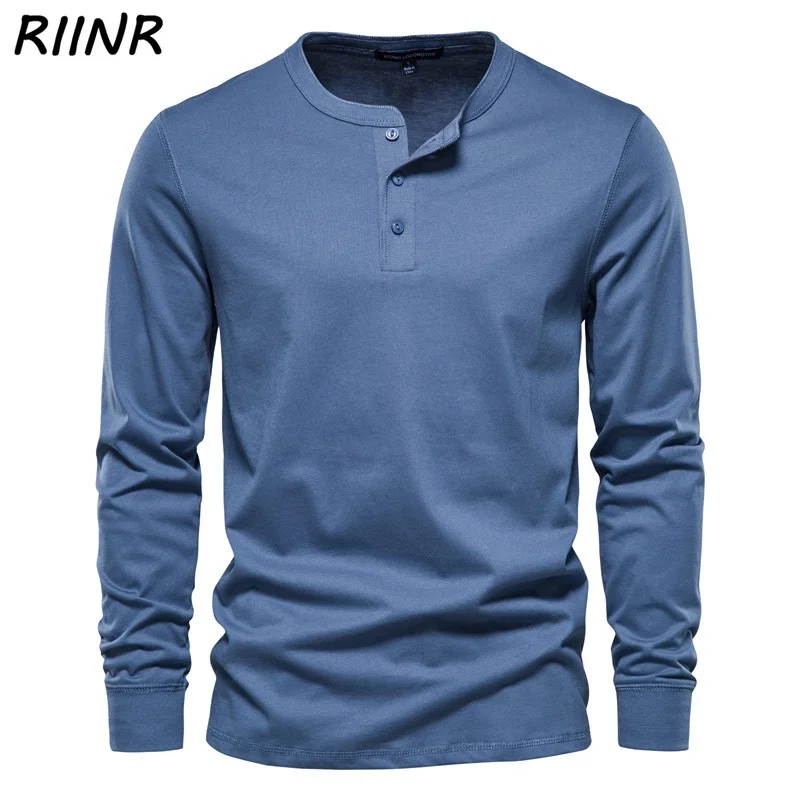 

Мужская футболка с воротником «Генрих», модная однотонная Повседневная футболка высокого качества из 100% хлопка на осень