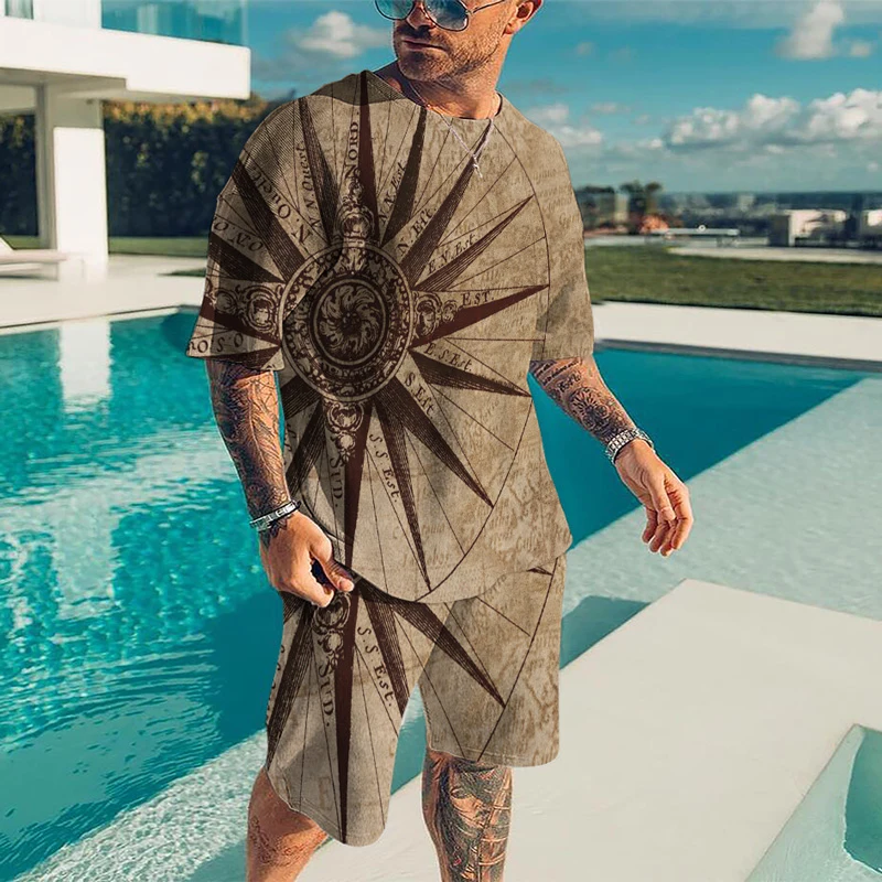 

Men's Compass Map T Shirt Set + Shorts Running Fitness 2 Piece 3D Printed Crew Neck Hip Hop Street Retro Short Sleeve Plus Size