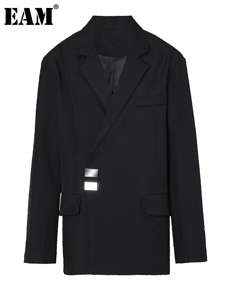 

[EAM] Women Black Metal Buckle Big Size Blazer New Lapel Long Sleeve Loose Fit Jacket Fashion Tide Spring Autumn 2023 1DF3131
